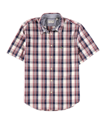 Lacoste Mens Regular Fit Plaid Button Up Shirt navybluecherryred XL