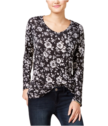 Rebellious One Womens Floral Pocket Pullover Blouse blackfloral L