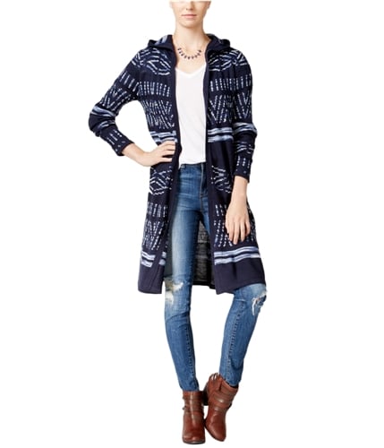 Hooked Up by IOT Womens Knee-Length Printed Cardigan Sweater bluedenim M