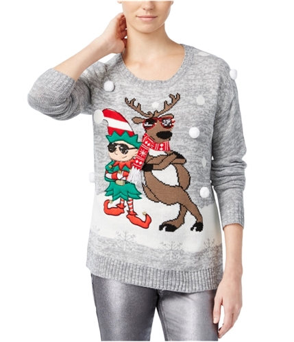 Hooked Up by IOT Womens Elf & Reindeer Pullover Sweater greymarl L