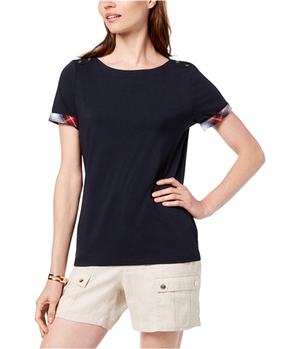 Tommy Hilfiger Womens Plaid-Trim Basic T-Shirt navy S