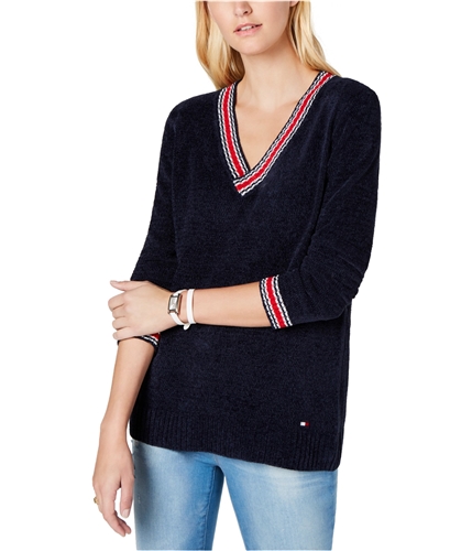 Tommy Hilfiger Womens Chenille V-Neck Pullover Sweater blue S