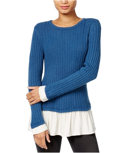 Kensie Womens Ruffled Contrast Pullover Sweater blue XS