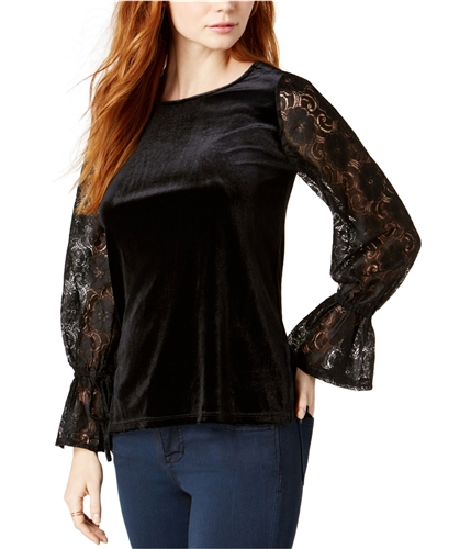 Kensie Womens Lace Sleeve Knit Blouse blk XS