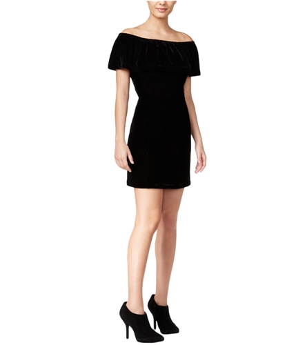 Kensie Womens Velvet Ruffle Cold Off-Shoulder Dress black S