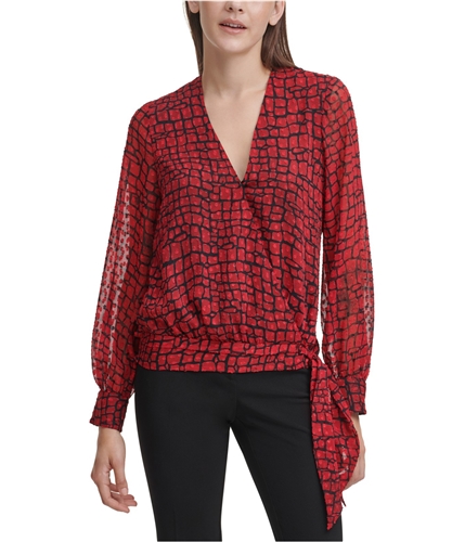 Calvin Klein Womens Tie Waist Pullover Blouse red M