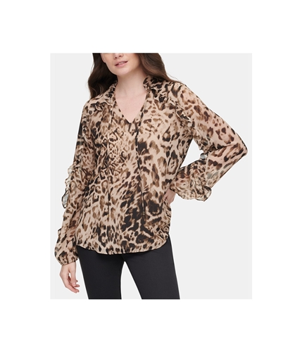Calvin Klein Womens Leopard Print Pullover Blouse brown S