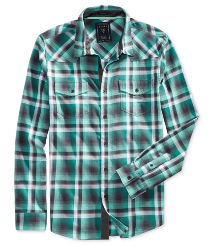 GUESS Mens Plaid Button Up Shirt jordanplaidfantasiagreen M