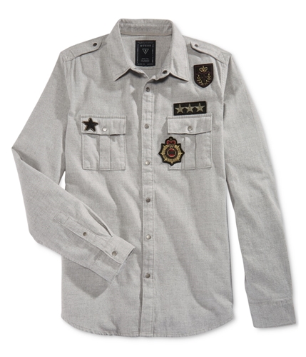 GUESS Mens Layne Twill Military Button Up Shirt lightheathergreymulti S