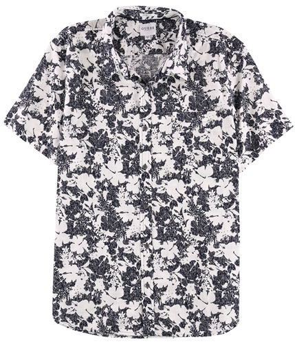 GUESS Mens Floral Slub Button Up Shirt blackwhite XL