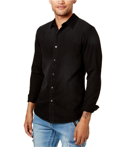 GUESS Mens FLORAL-PRINT DENIM Button Up Shirt black S