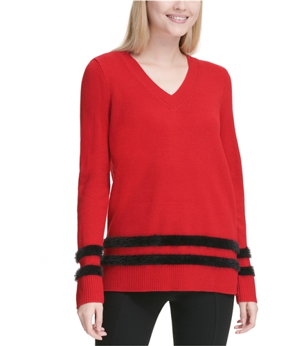 Calvin Klein Womens Faux Fur Striped Pullover Sweater black S