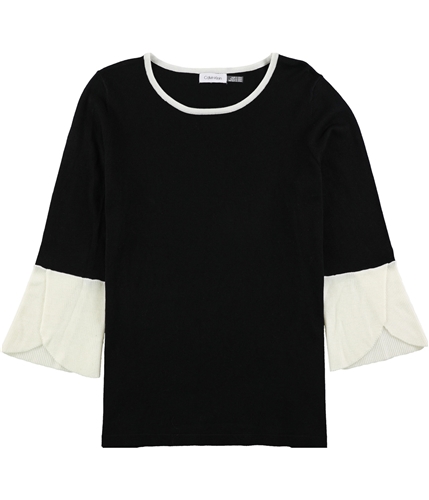 Calvin Klein Womens Color Block Tulip Sleeve Pullover Sweater black S