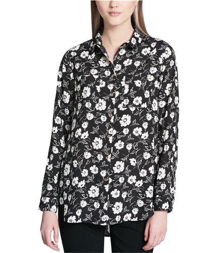 Calvin Klein Womens Floral Button Up Shirt black XS
