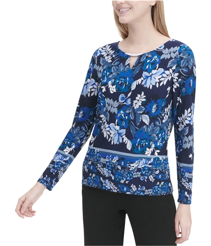 Calvin Klein Womens Floral Print Pullover Blouse blue S