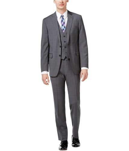 Calvin Klein Mens Plaid Windowpane Two Button Formal Suit grey 36x37