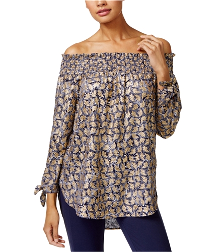 Michael Kors Womens Printed Off the Shoulder Blouse navygold S