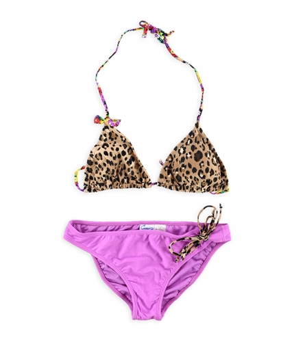 California Waves Womens Floral Cheetah Side Tie 2 Piece Bikini multipurple L