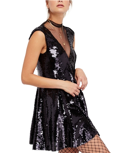 Free People Womens Sequined Illusion Fit & Flare Dress blackcombo XS