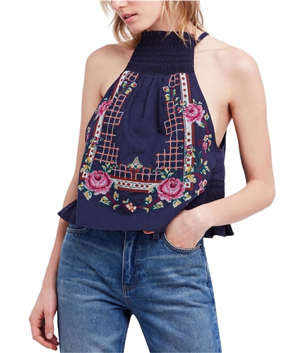 Free People Womens Honey Pie Embroidered Crop Top Blouse navy XS