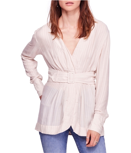 Free People Womens Solid Belted Button Down Blouse natural XS