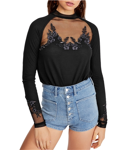 Free People Womens Embroidered-Mesh Pullover Blouse black XS