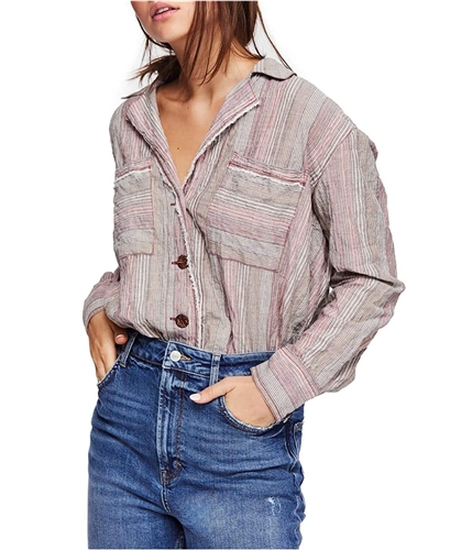 Free People Womens Multistripe Button Up Shirt pink sands XS