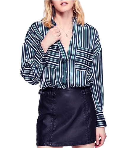 Free People Womens Striped Button Up Shirt navy XS