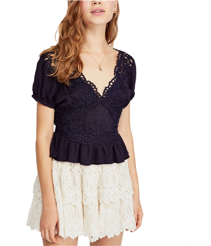 Free People Womens Sweet Roses Pullover Blouse navy XS