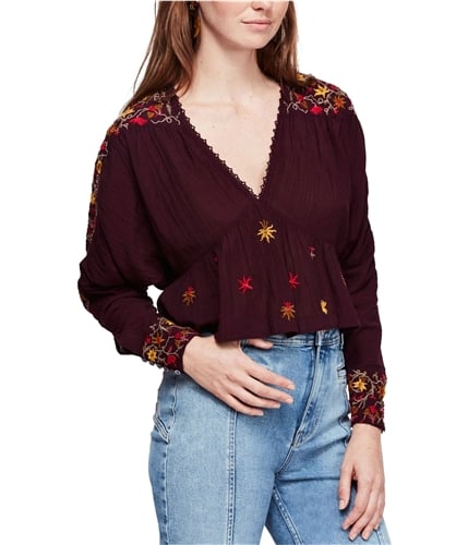 Free People Womens Embroidered Pullover Blouse darkbrown XS