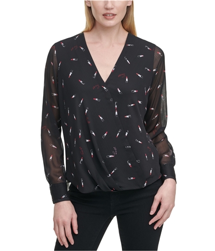 DKNY Womens Printed Pullover Blouse black S