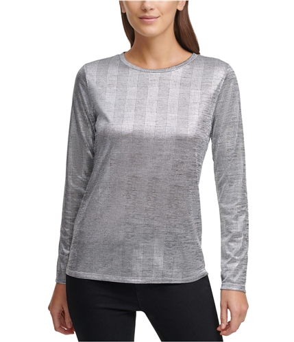 DKNY Womens Plaid Pullover Blouse silver XXS