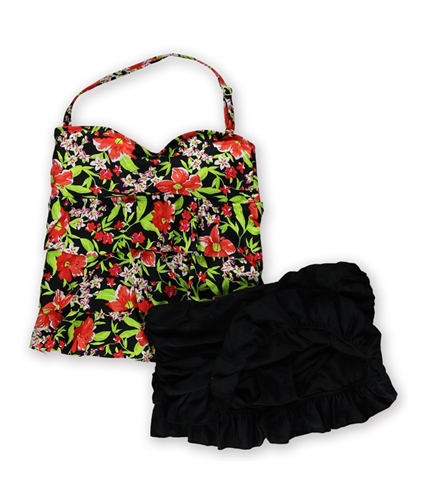 Island Escape Womens Tiered Ruffle 2 Piece Bandeau redblack 12