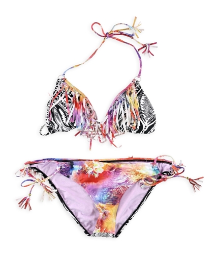 Raisins Womens Fringe Print Side Tie 2 Piece Bikini pink M