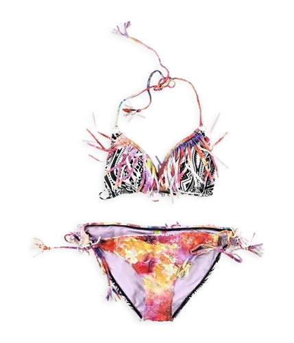 Raisins Womens Fringe Print Side Tie 2 Piece Bikini pink M