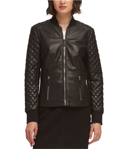 DKNY Womens Faux Leather Quilted Jacket black XS