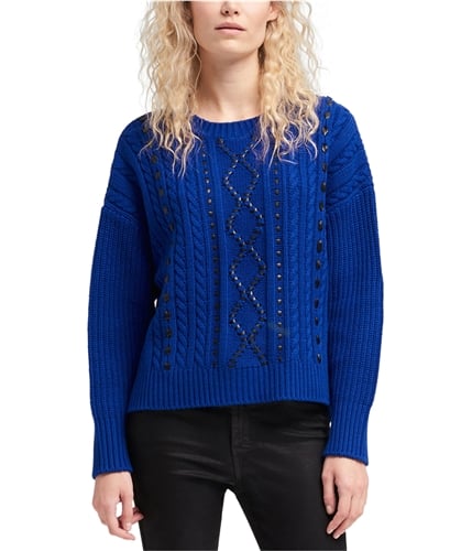 DKNY Womens Faux Leather Detail Pullover Sweater blue S
