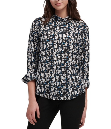 DKNY Womens Abstract Print Button Down Blouse blue XS