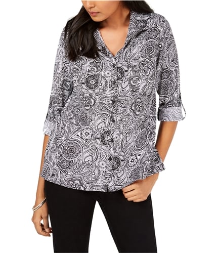 NY Collection Womens Petite Printed Utility Button Up Shirt khroo PXS