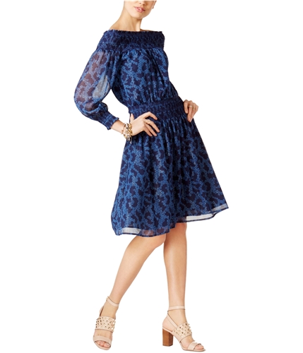 Michael Kors Womens Smocked Fit & Flare Dress blueberry P