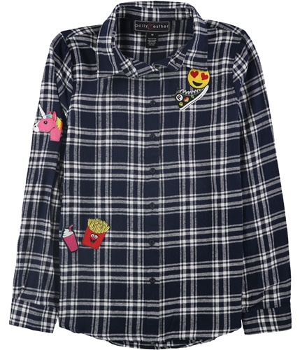 polly & esther Womens Plaid Fleece Button Up Shirt navy S