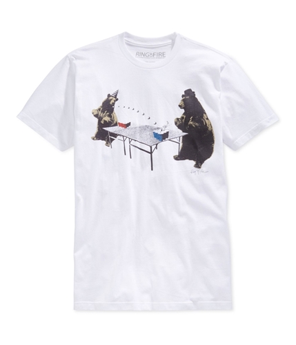Ring Of Fire Mens Bear Ping Pong Graphic T-Shirt white S