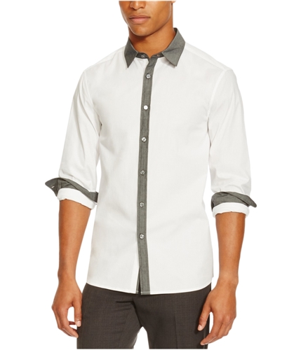 Kenneth Cole Mens Contrast-Trim Button Up Shirt 110white L