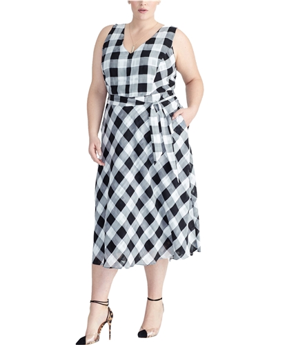 Rachel Roy Womens Checkered Midi Dress black 24W