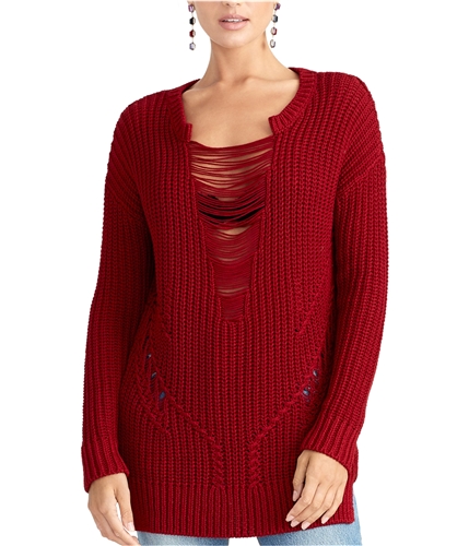 Rachel Roy Womens Shredded Pullover Sweater darkred M