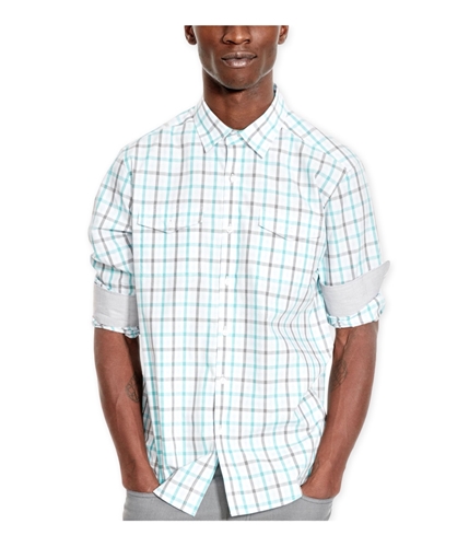 Kenneth Cole Mens Double-Pocket Grid Button Up Shirt capricombo S