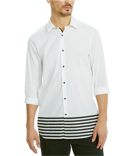 Kenneth Cole Mens Striped Hem Button Up Shirt whitecombo S