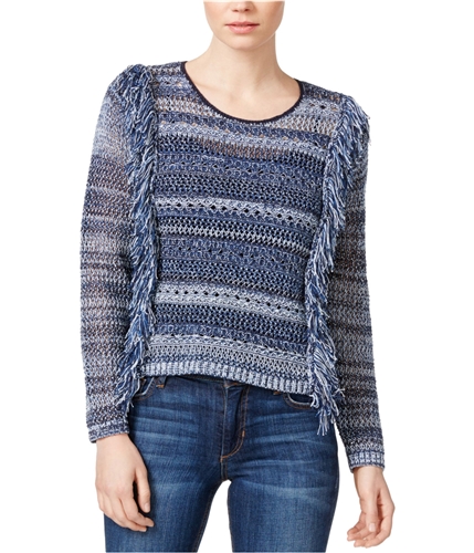 Rachel Roy Womens Printed Fringe Knit Sweater blue S