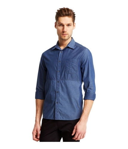Kenneth Cole Mens Pieced Chambray Button Up Shirt indigo S
