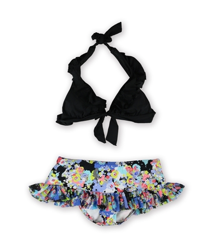 Kenneth Cole Womens Ruffle Floral Skirt 2 Piece Bikini blkmlt S
